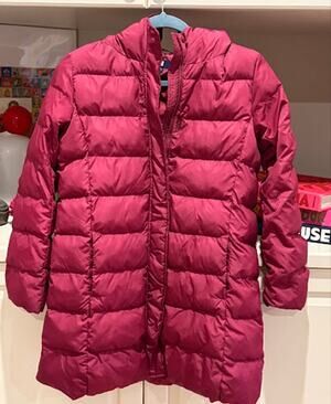 Uniqlo Kids Down Coat Burgundy Hooded Long Puffer Size 11-12